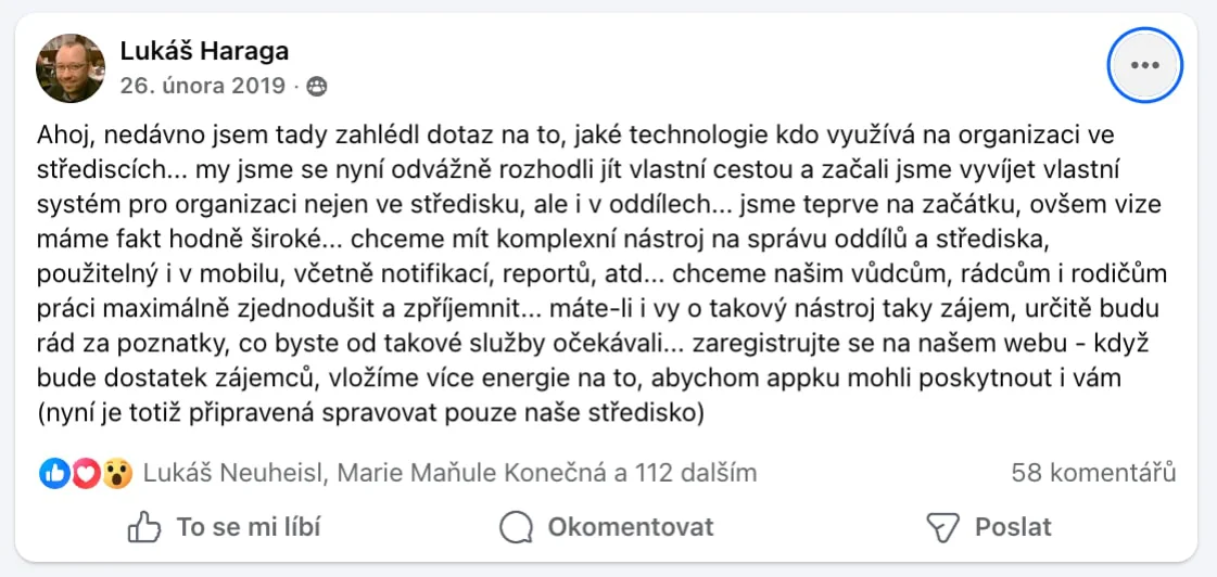 Facebookový příspěvek Lukáše Haragy z 26. února 2019, kterým poprvé oznamuje vývoj Levitia
