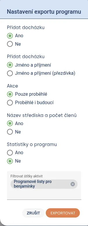 Dialog „Nastavení exportu programu“ s volbami docházky, akcí a statistik, filtrem štítků a tlačítkem „Exportovat“