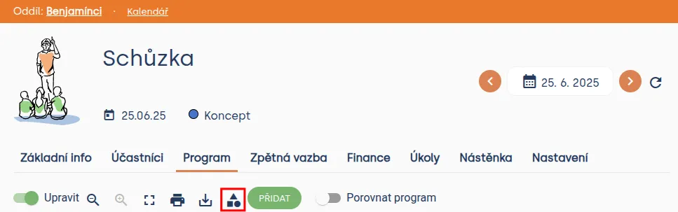 Záložka „Program“ schůzky se zvýrazněnou ikonou čtverce, kolečka a trojúhelníku vedle tlačítka „Přidat“