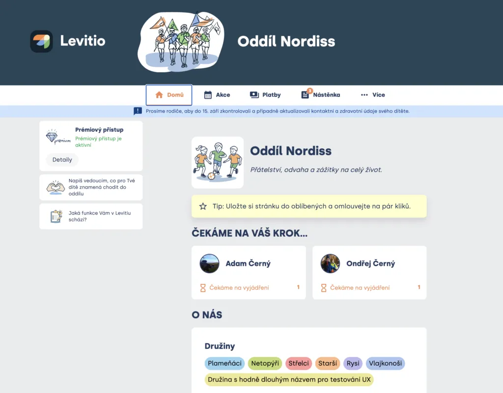 Úvodní stránka rodičovského portálu: děti čekající na vyjádření rodiče, hlavní menu a seznam družin