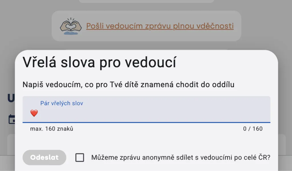 Okno „Vřelá slova pro vedoucí“ s polem pro krátkou zprávu (max. 160 znaků) a tlačítkem „Odeslat“