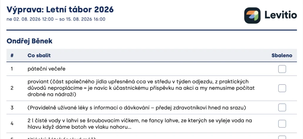 Tisknutelný seznam věcí na výpravu „Letní tábor 2026“ se sloupci „Co sbalit“ a „Sbaleno“