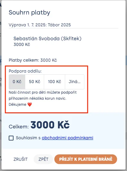 Souhrn platby se zvýrazněnou volbou „Podpora oddílu“ s částkami 0, 50, 100 Kč a „Jiná…“