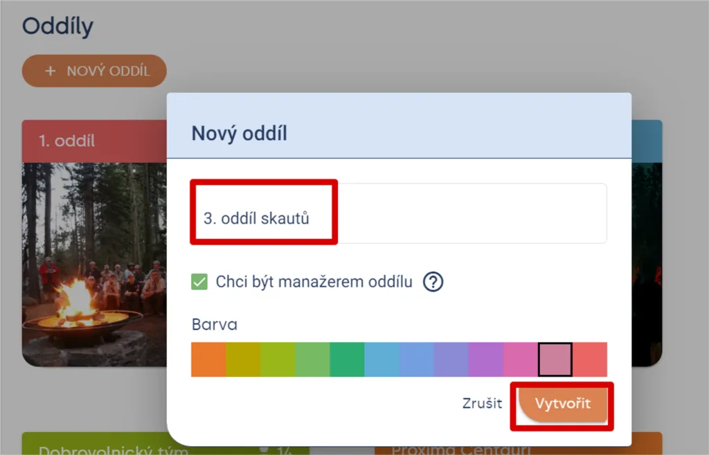 Okno „Nový oddíl“ s polem pro název, volbou „Chci být manažerem oddílu“, výběrem barvy a tlačítkem „Vytvořit“
