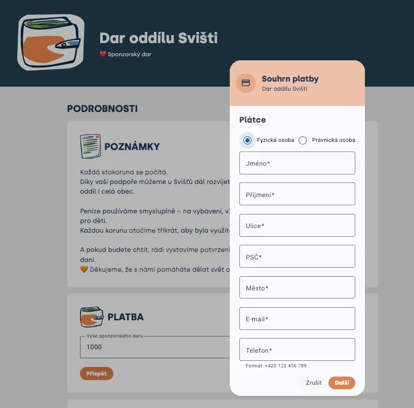 Stránka sponzorského daru „Dar oddílu Svišti“ s oknem „Souhrn platby“ pro zadání údajů plátce