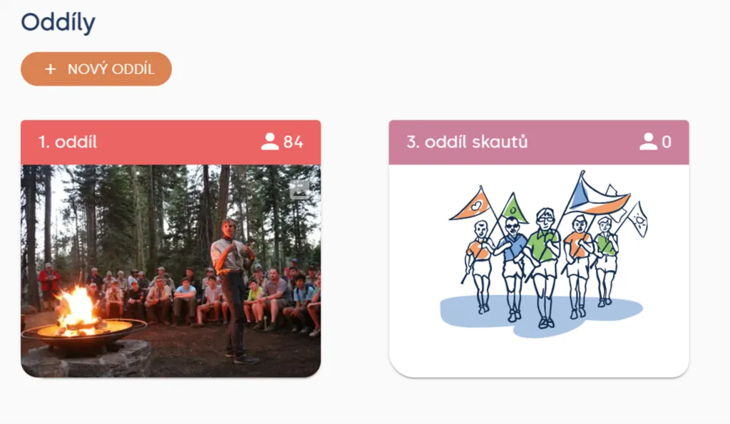 Seznam „Oddíly“ s novou jednotkou „3. oddíl skautů“ vedle „1. oddíl“ a tlačítkem „NOVÝ ODDÍL“