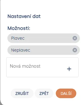 Okno „Nastavení dat“ s možnostmi „Plavec“ a „Neplavec“, polem „Nová možnost“ a tlačítkem „Další“