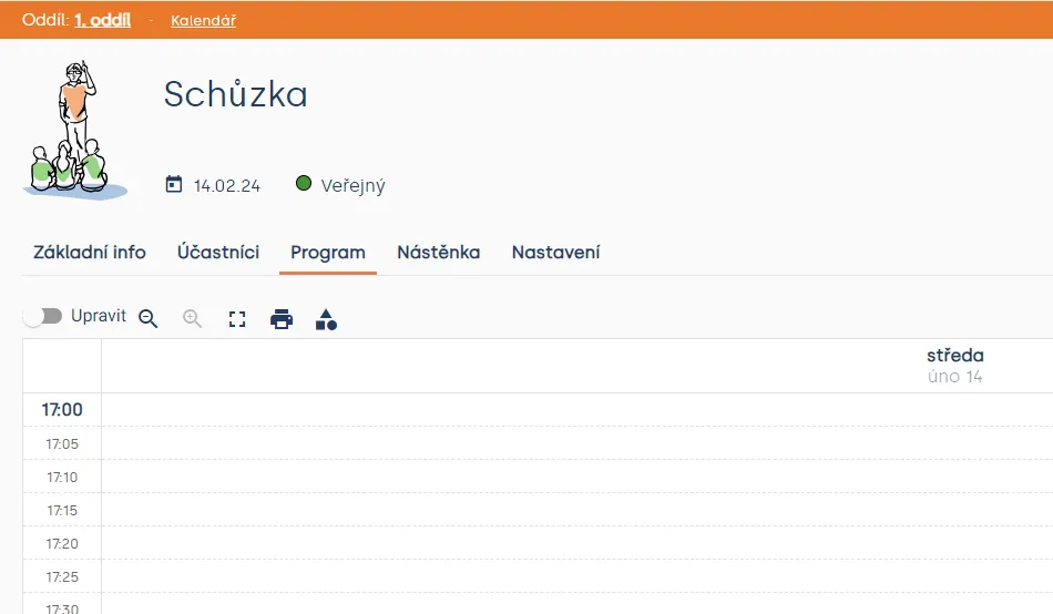 Karta „Program“ události „Schůzka“ s přepínačem „Upravit“ a prázdnou časovou tabulkou od 17:00