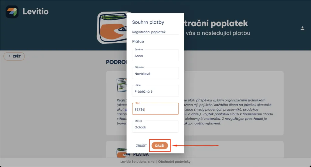 Okno „Souhrn platby“ s údaji o plátci (jméno, příjmení, ulice, PSČ, město) a tlačítkem „Další“