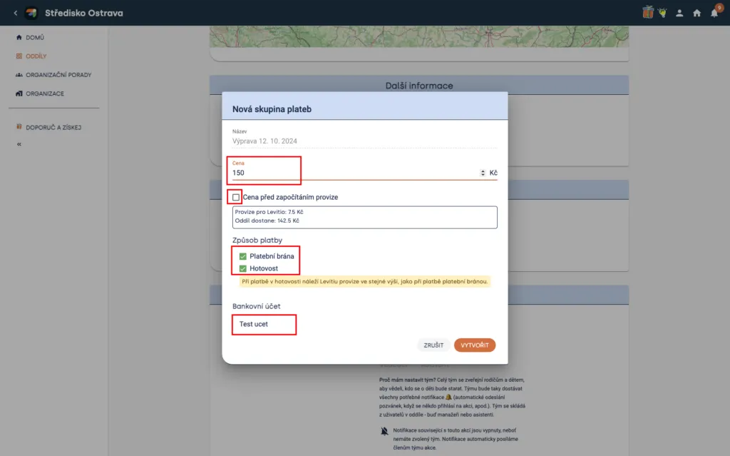 Okno „Nová skupina plateb“ se zvýrazněnou cenou, volbou provize, způsoby platby a bankovním účtem