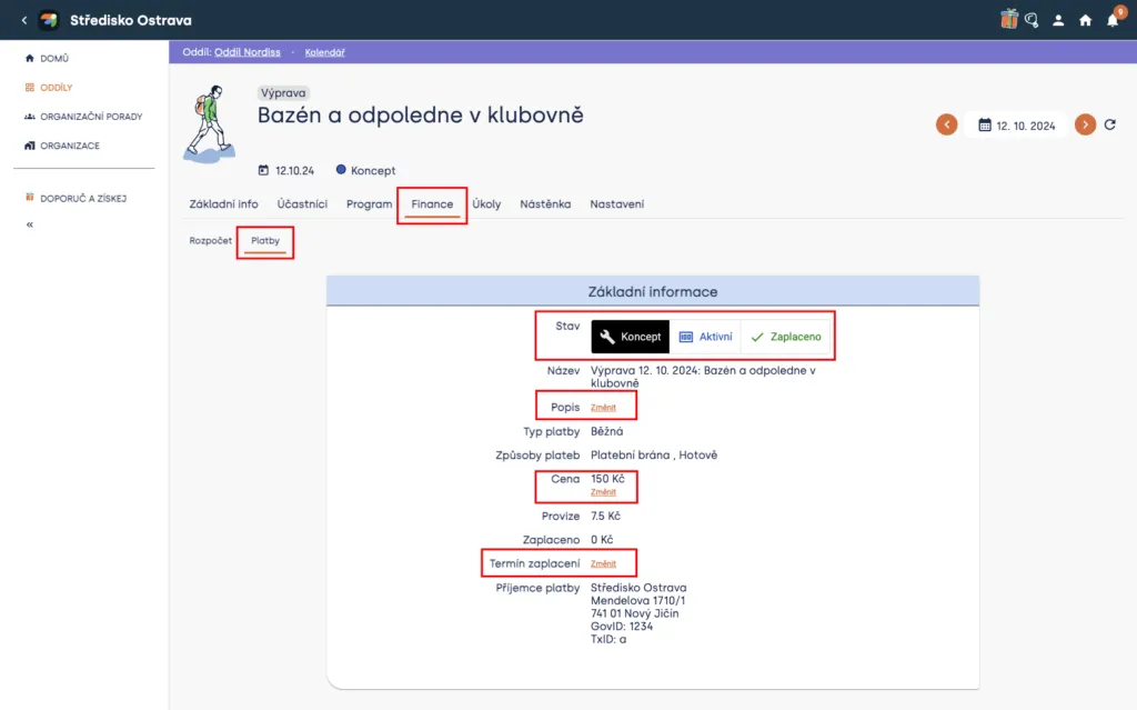 Platby v záložce Finance u akce se zvýrazněným stavem, popisem, cenou a termínem zaplacení