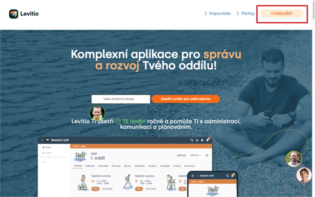 Úvodní stránka Levitia s tlačítkem „Vyzkoušet“ v pravém horním rohu označeným červeným rámečkem