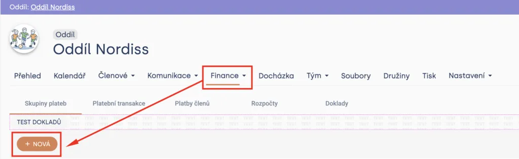 Záložka „Finance“ oddílu s podzáložkou „Skupiny plateb“ a zvýrazněným tlačítkem „+ Nová“ pro vytvoření platby
