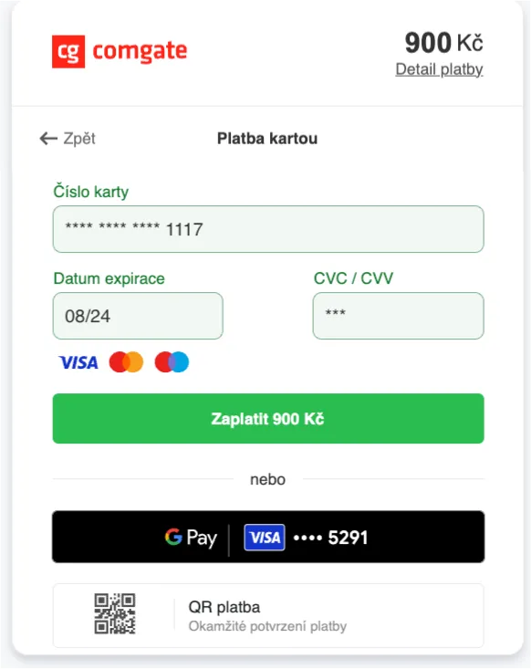 Platba kartou v bráně Comgate: číslo karty, expirace, CVC/CVV, tlačítko „Zaplatit 900 Kč“ a Google Pay