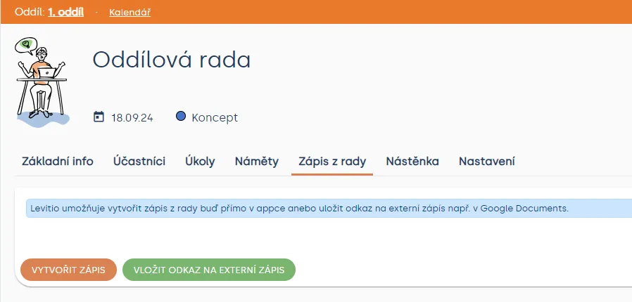 Záložka „Zápis z rady“ oddílové rady s tlačítky „Vytvořit zápis“ a „Vložit odkaz na externí zápis“