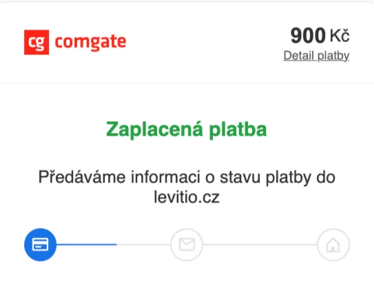 Potvrzení „Zaplacená platba“ v bráně Comgate s předáním informace o platbě do levitio.cz
