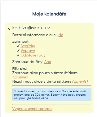 Karta „Moje kalendáře“: synchronizace schůzek, výprav, oddílových rad a družin a filtr podle štítků