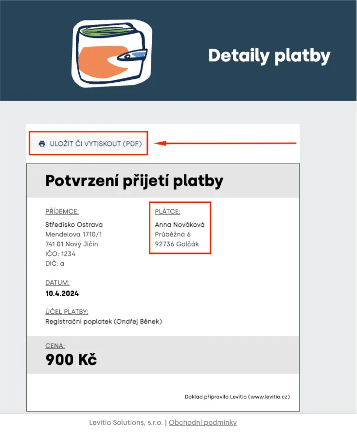 Stránka „Potvrzení přijetí platby“ s příjemcem, plátcem, účelem a cenou a tlačítkem „Uložit či vytisknout (PDF)“