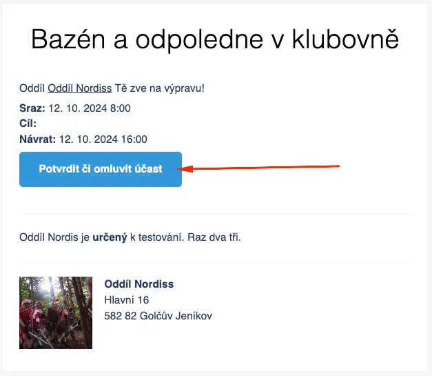 Emailová pozvánka na výpravu „Bazén a odpoledne v klubovně“ s tlačítkem „Potvrdit či omluvit účast“