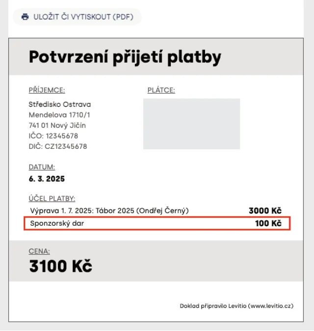 Potvrzení přijetí platby ke stažení či tisku se zvýrazněným řádkem „Sponzorský dar“ ve výši 100 Kč