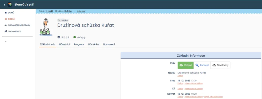 Základní informace schůzky s přepínačem stavu akce: „Veřejný“ (zvolený), „Koncept“ a „Neviditelný“