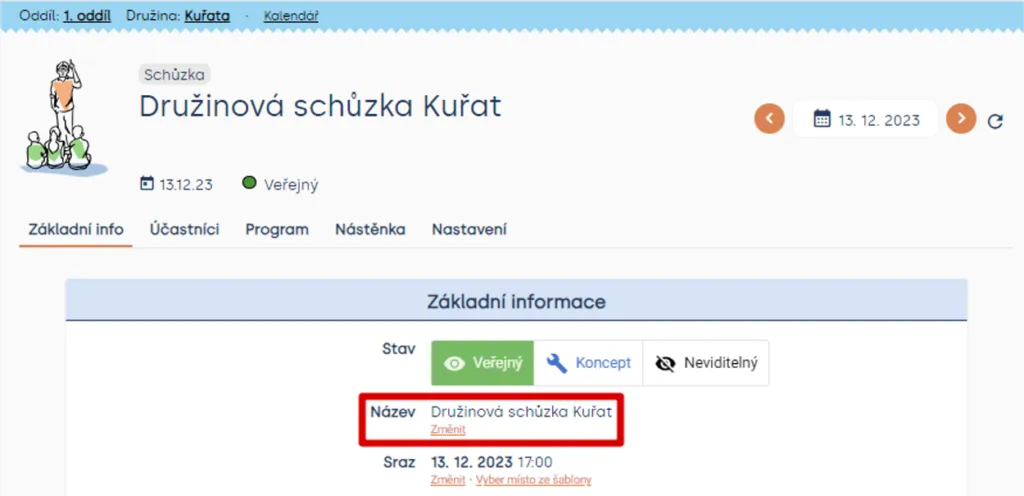 Základní informace schůzky se zvýrazněným názvem akce a odkazem „Změnit“ pod ním