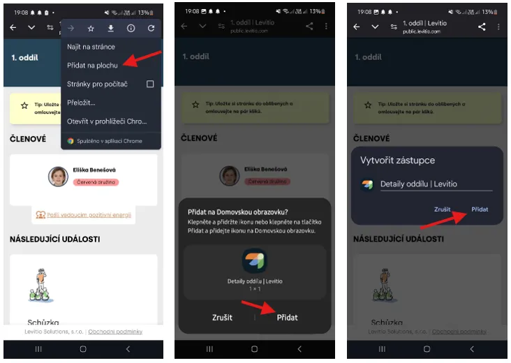 Tři obrazovky Androidu: „Přidat na plochu“ v nabídce Chromu, potvrzení tlačítkem „Přidat“ a vytvoření zástupce