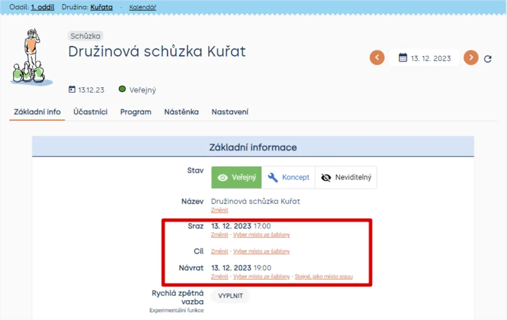 Základní informace schůzky se zvýrazněnými řádky „Sraz“, „Cíl“ a „Návrat“ s odkazy pro změnu času a místa