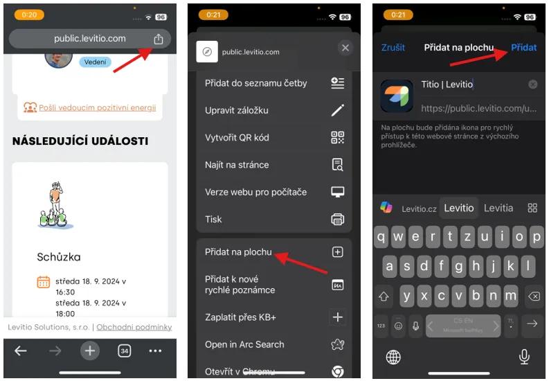 Tři obrazovky iPhonu: tlačítko sdílení, volba „Přidat na plochu“ v nabídce a potvrzení tlačítkem „Přidat“