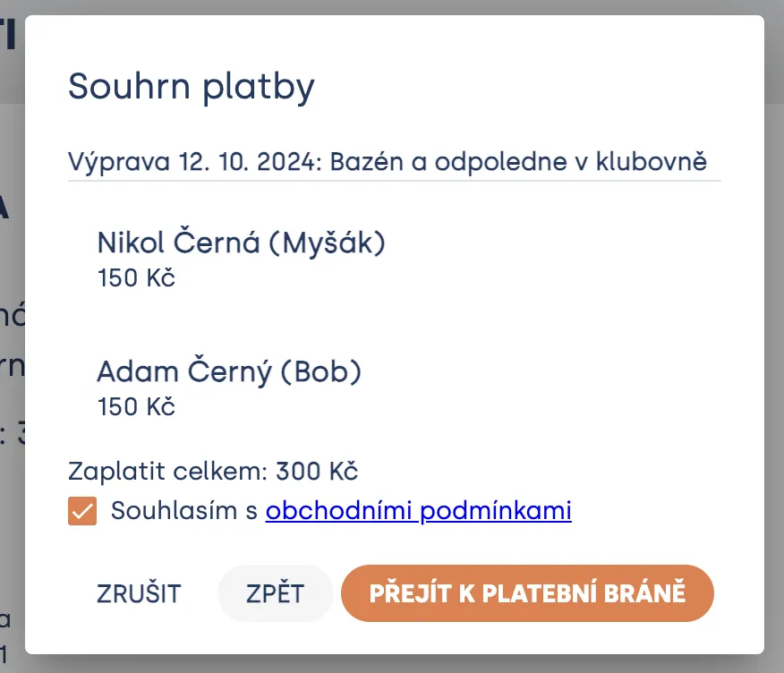 Poslední krok „Souhrn platby“: dvě položky po 150 Kč, celkem 300 Kč, souhlas s podmínkami a „Přejít k platební bráně“