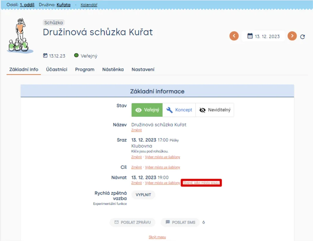 Základní informace schůzky s červeně zvýrazněným odkazem „Stejné, jako místo srazu“ u řádku „Návrat“