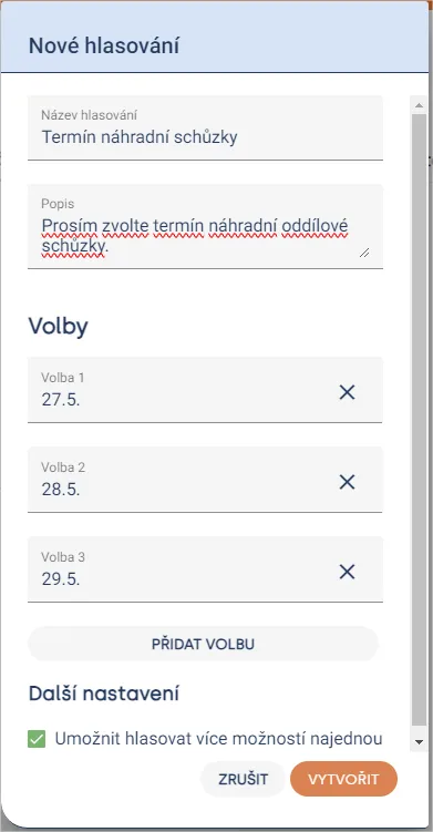 Dialog „Nové hlasování“ s názvem, popisem, třemi volbami, tlačítkem „Přidat volbu“ a možností hlasovat vícekrát