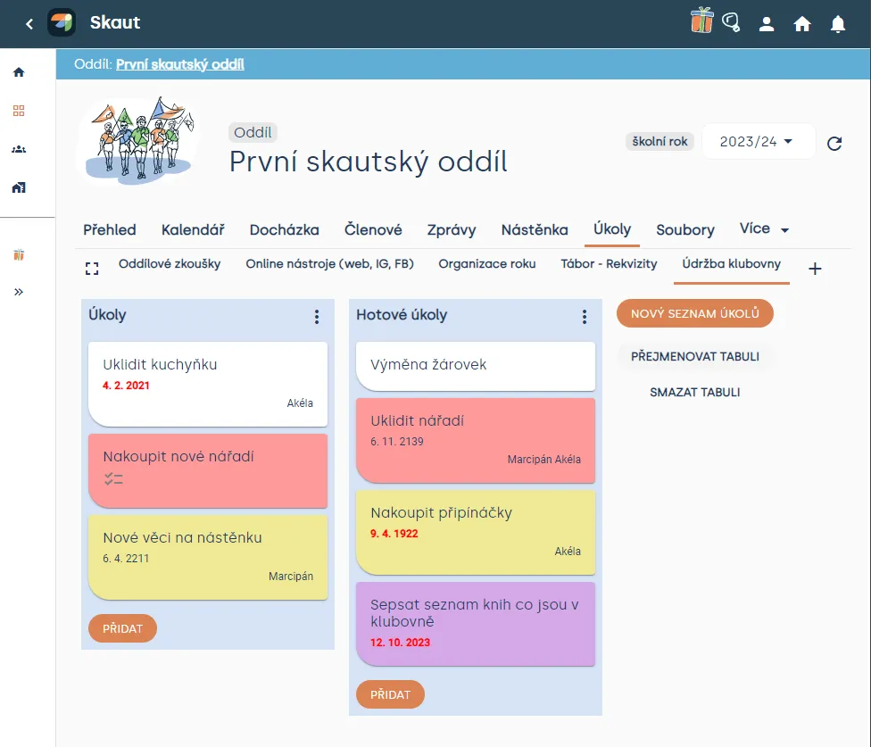 Úkolovník „Údržba klubovny“ se seznamy „Úkoly“ a „Hotové úkoly“, barevnými kartami úkolů a tlačítkem „Nový seznam úkolů“