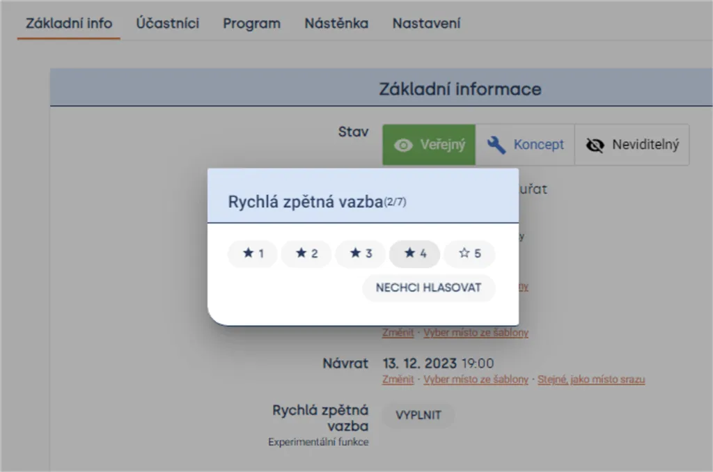 Hlasování v rychlé zpětné vazbě (2/7): hodnocení 1 až 5 hvězdiček a tlačítko „Nechci hlasovat“