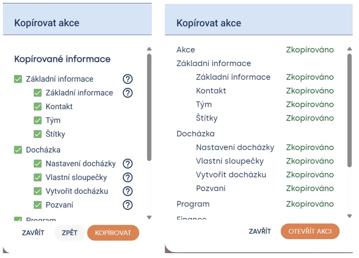 Výběr kopírovaných sekcí akce zaškrtávátky a výsledek kopírování, u každé sekce stav „Zkopírováno“