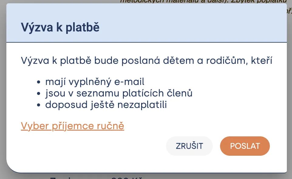 Dialog „Výzva k platbě“ s výčtem, komu se výzva pošle, odkazem „Vyber příjemce ručně“ a tlačítkem „Poslat“