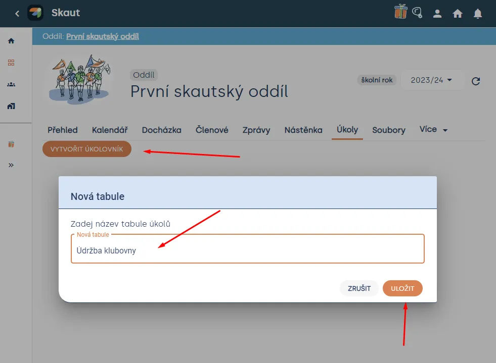 Záložka „Úkoly“ s tlačítkem „Vytvořit úkolovník“ a okno „Nová tabule“ s polem pro název a tlačítkem „Uložit“