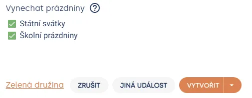 Volba „Vynechat prázdniny“ se zaškrtnutými státními svátky a školními prázdninami a tlačítkem „Vytvořit“