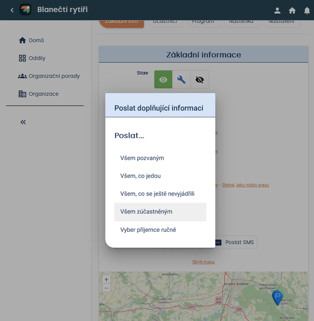 Okno „Poslat doplňující informaci“ s výběrem příjemců, např. „Všem pozvaným“ nebo „Vyber příjemce ručně“