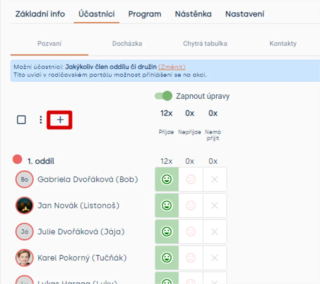 Seznam pozvaných s volbami Přijde, Nepřijde a Nemá přijít a zvýrazněným tlačítkem + pro přidání členů