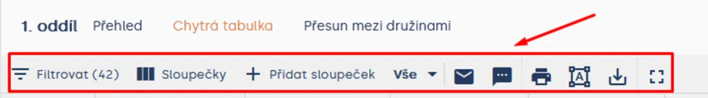 Nástrojová lišta chytré tabulky s tlačítky „Filtrovat“, „Sloupečky“, „Přidat sloupeček“ a ikonami dalších nástrojů