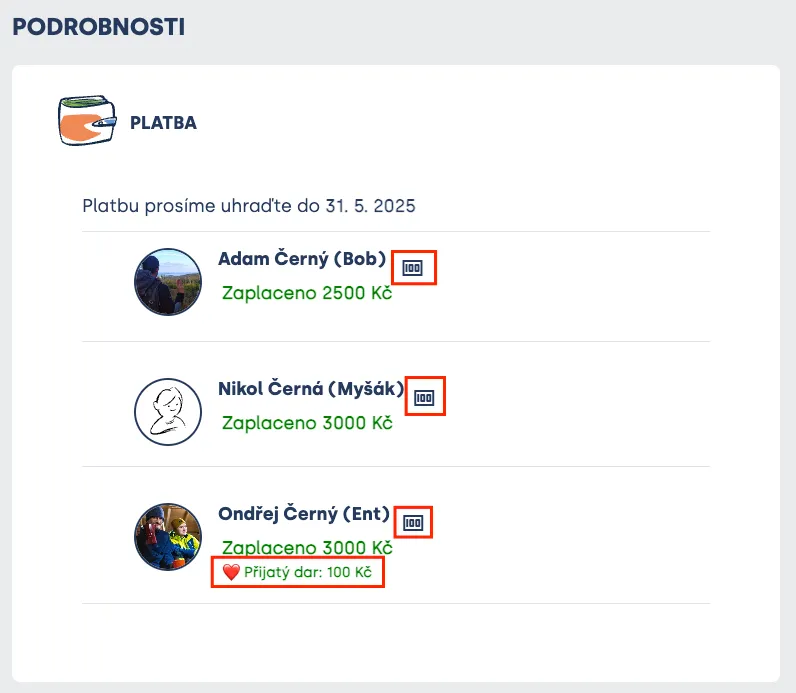 Přehled platby pro rodiče: u tří dětí „Zaplaceno“, u jednoho zvýrazněný „Přijatý dar: 100 Kč“