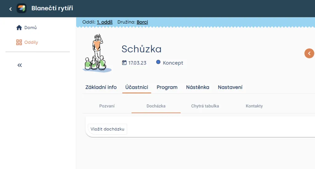 Záložka Docházka u schůzky s tlačítkem „Vložit docházku“