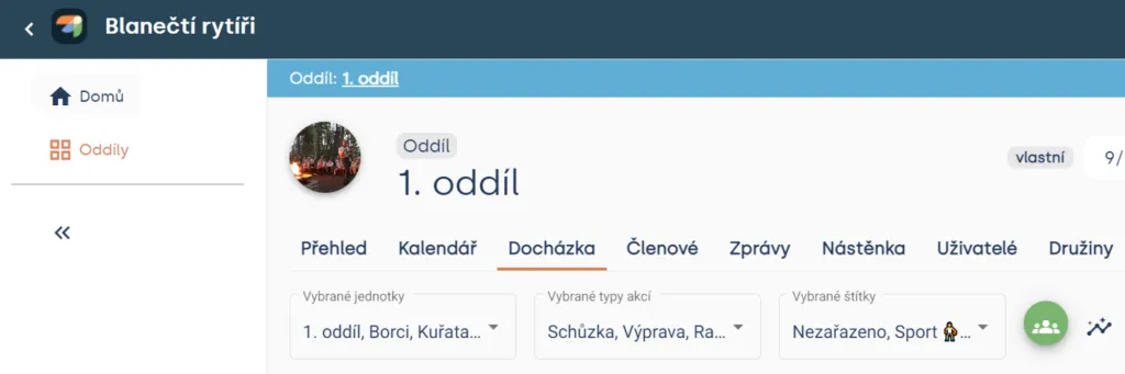 Filtry „Vybrané jednotky“, „Vybrané typy akcí“ a „Vybrané štítky“ v záložce Docházka oddílu