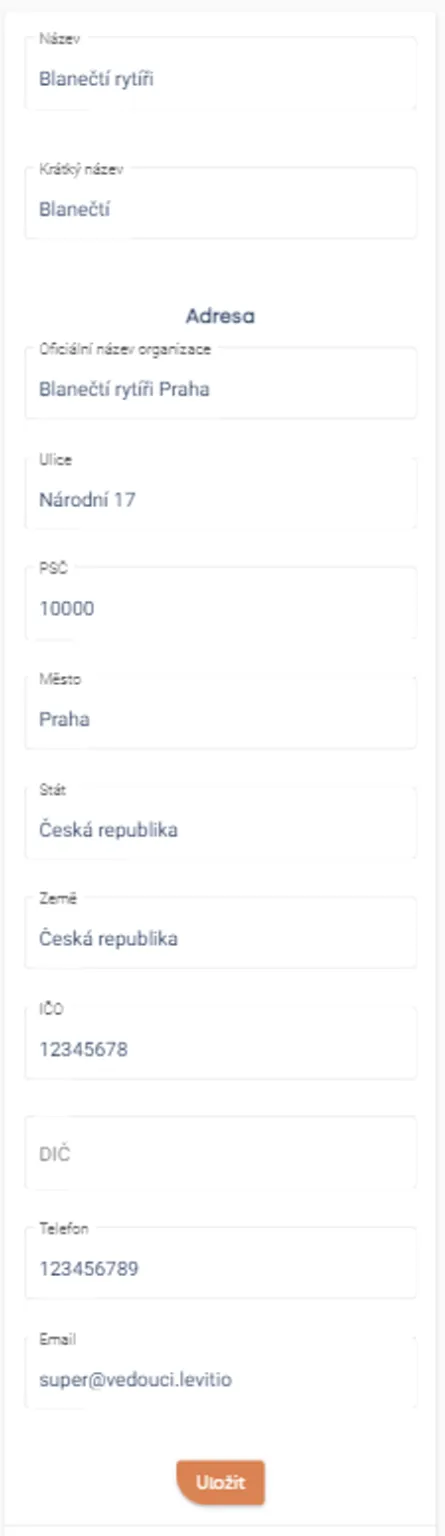 Formulář nastavení organizace s názvem, adresou, IČO, DIČ, telefonem, emailem a tlačítkem „Uložit“