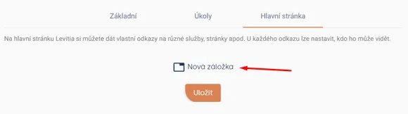 Karta „Hlavní stránka“ v nastavení s tlačítkem „Nová záložka“ označeným šipkou a tlačítkem „Uložit“