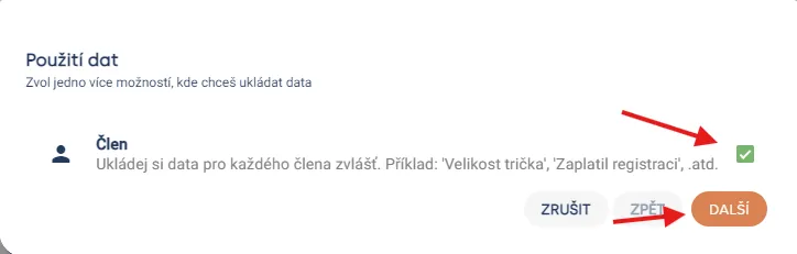 Okno „Použití dat“ se zaškrtnutou možností „Člen“ pro ukládání dat u každého člena zvlášť