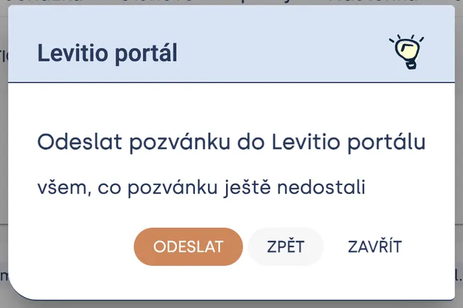Okno „Levitio portál“ s nabídkou poslat pozvánku všem, kdo ji ještě nedostali, a tlačítkem „Odeslat“