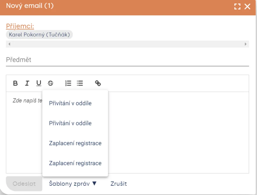Okno „Nový email“ s rozbalenou nabídkou „Šablony zpráv“ vedle tlačítka „Odeslat“ a uloženými šablonami
