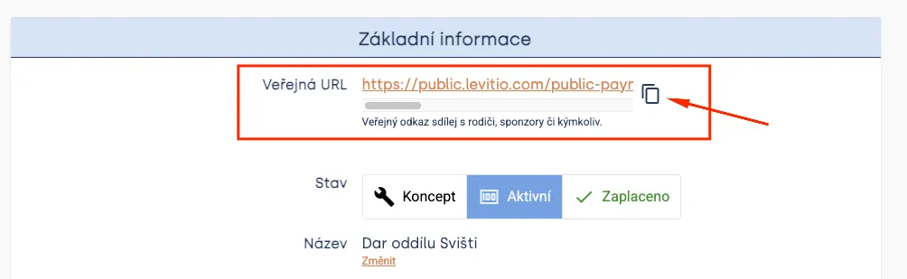 Základní informace sponzorského daru s polem „Veřejná URL“ a ikonou pro zkopírování odkazu